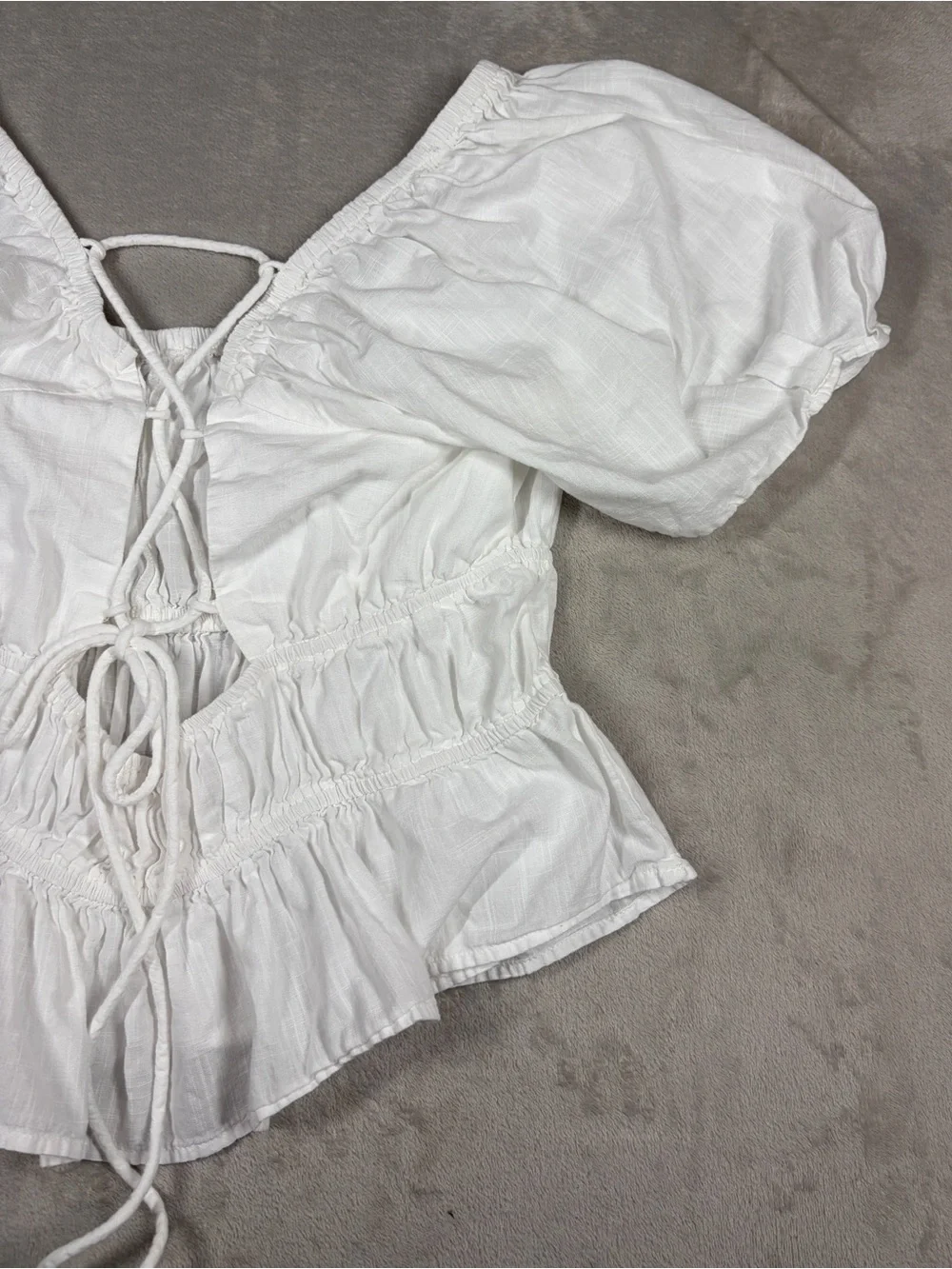 Free People White 100% Cotton Cropped Puff Sleeve Lace Up Blouse Top Size Large